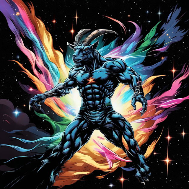 An intimidating muscular goat with iridescent horns and laser-beam eyes, wearing a dark cape, flies in a menacing pose through the galaxy with a trail of ominous colors. A group of goats follow behind in fear.