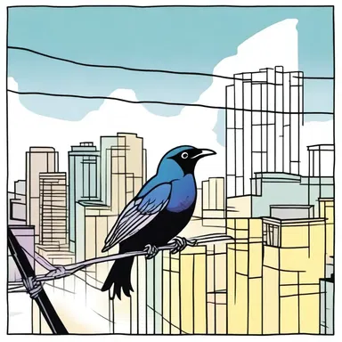 The comic strip featured a grackle perched on a telephone wire, observing the city.