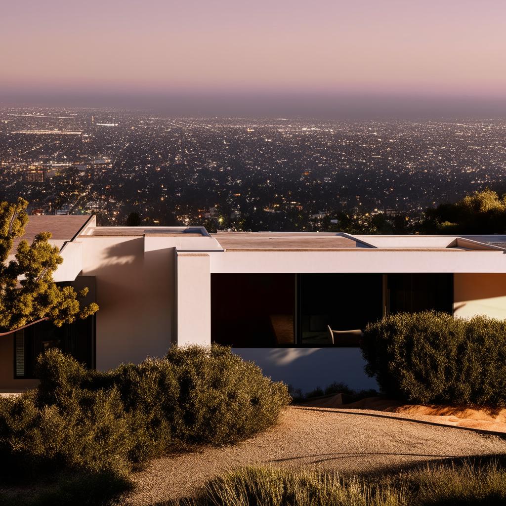 An architectural photograph, in the style of Julius Shulman, of a house nestled in the LA hills with a panoramic view of the city below.