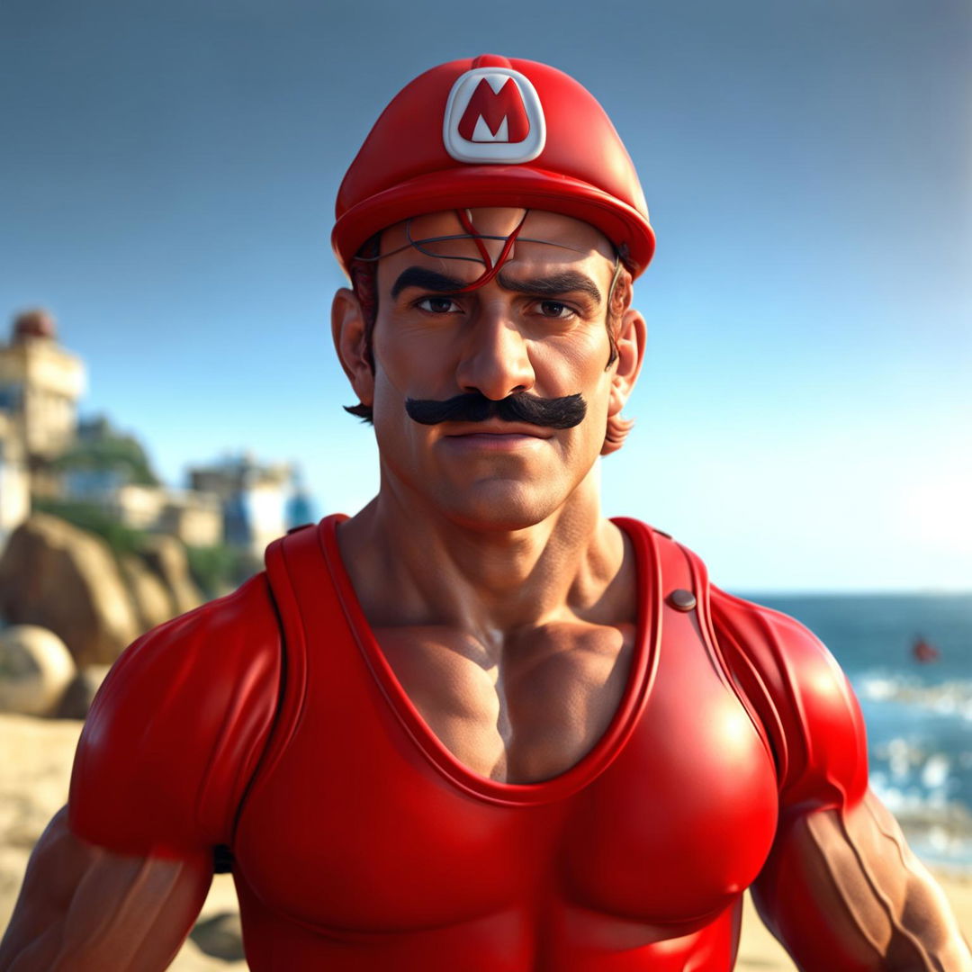 Raw photographic portrait of real-life Mario as a muscular Baywatch lifeguard with his iconic hat.