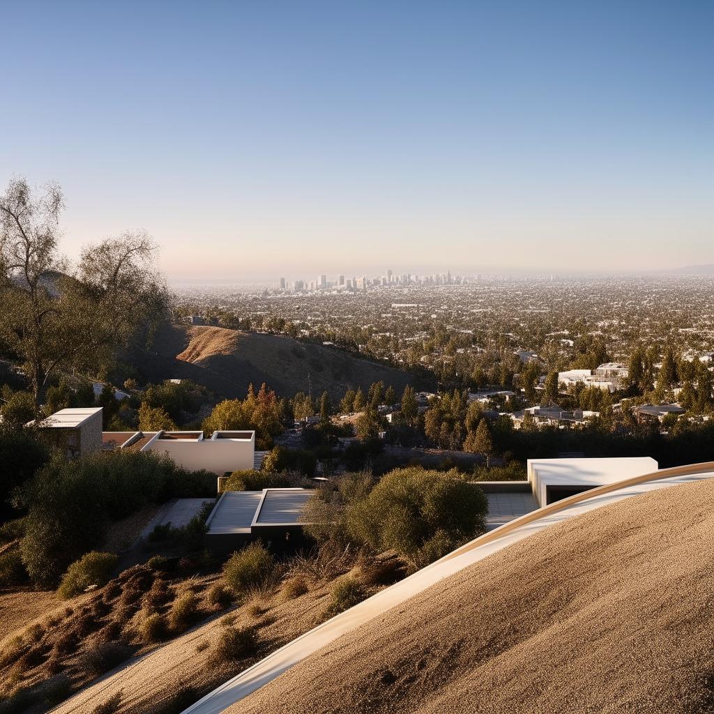 An architectural photograph, in the style of Julius Shulman, of a house nestled in the LA hills with a panoramic view of the city below.