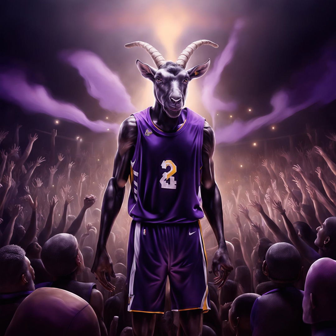 A surreal digital art piece depicting Kobe Bryant as a literal goat on a basketball court, holding a basketball.