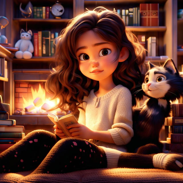 Disney Pixar style image of a brunette girl and her black and white cat in a cozy setting.