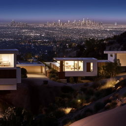 An architectural photograph, in the style of Julius Shulman, of a house nestled in the LA hills with a panoramic view of the city below.