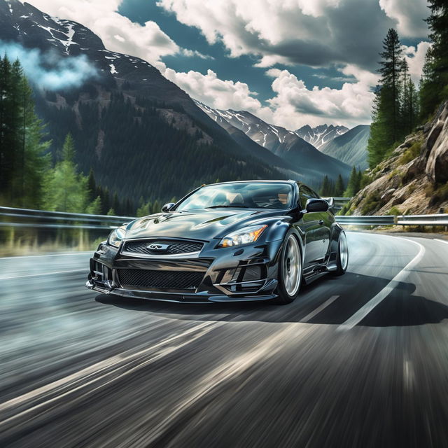 A digital art of an Infinity widebody G35 drifting on a winding mountain road, surrounded by dense forests and under a blue sky. The car is mid-drift, rear wheels sliding outwards, front wheels angled towards the curve, and twin exhausts spitting blue flames.