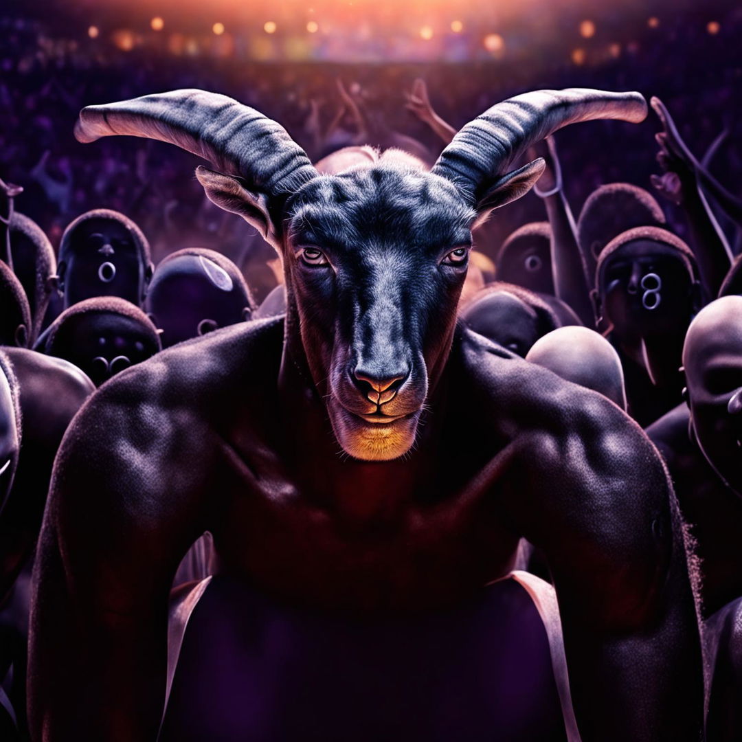 A surreal digital art piece depicting Kobe Bryant's face with goat horns on a four-legged goat's body on a basketball court.