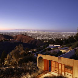 An architectural photograph, in the style of Julius Shulman, of a house nestled in the LA hills with a panoramic view of the city below.