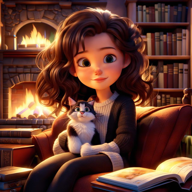 Disney Pixar style image of a brunette girl and her classic tuxedo cat in a cozy setting.