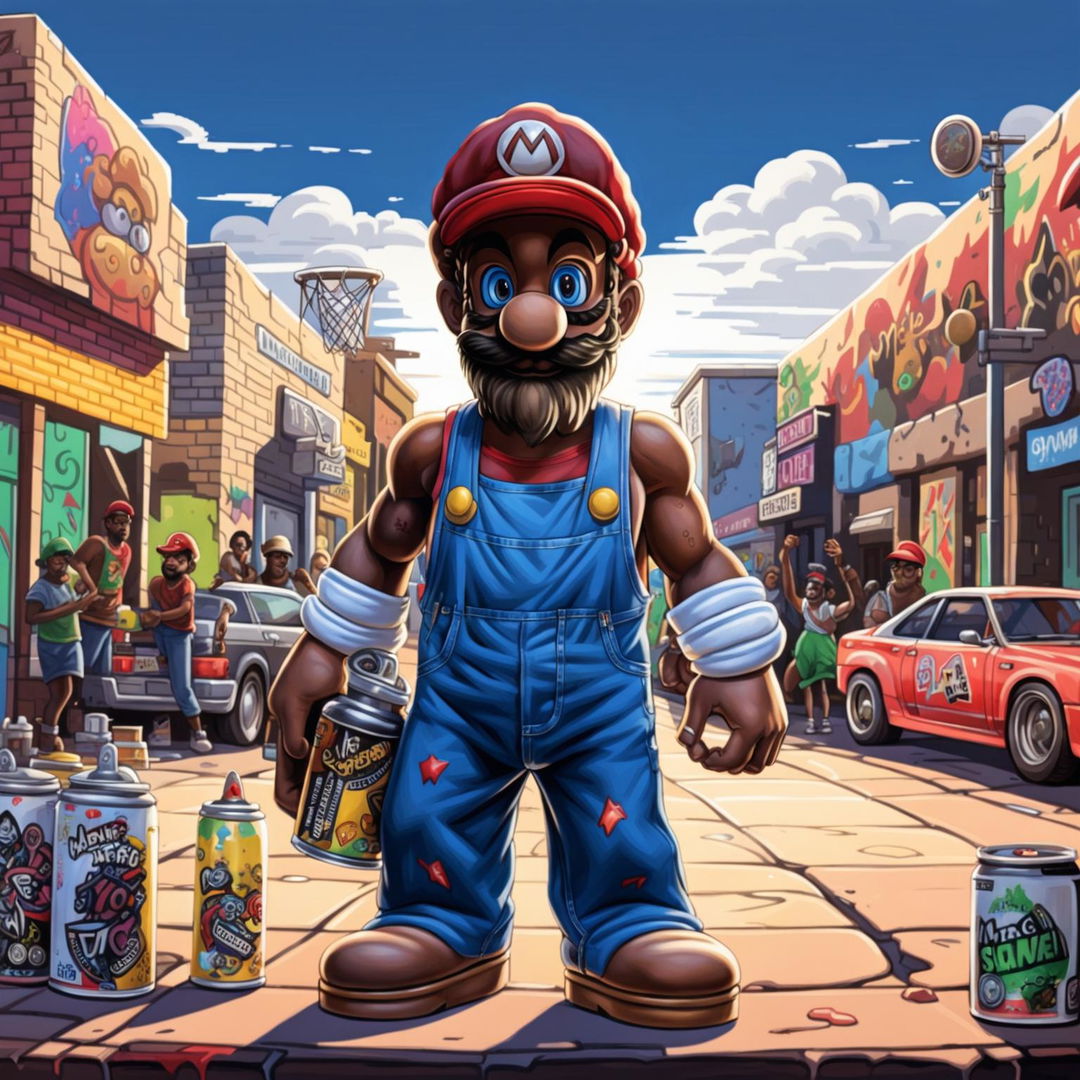 African American Super Mario creating a mural in Compton, California with a golden star power-up in one hand and a spray paint can in the other.