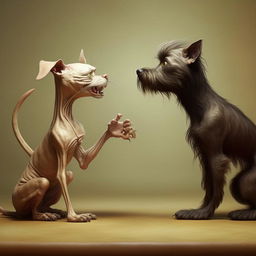 A unique creature with the upper body of a cat and the lower body of a dog, appearing to argue with itself in a humorous scenario