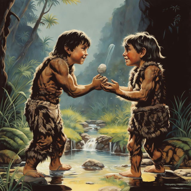 Digital art of a Neanderthal child and prehistoric human child playing in a lush prehistoric landscape. The children are in the center, the Neanderthal child catching a stone thrown by the human child. The scene is filled with rich colors and long shadows, creating an atmosphere of joy and camaraderie.