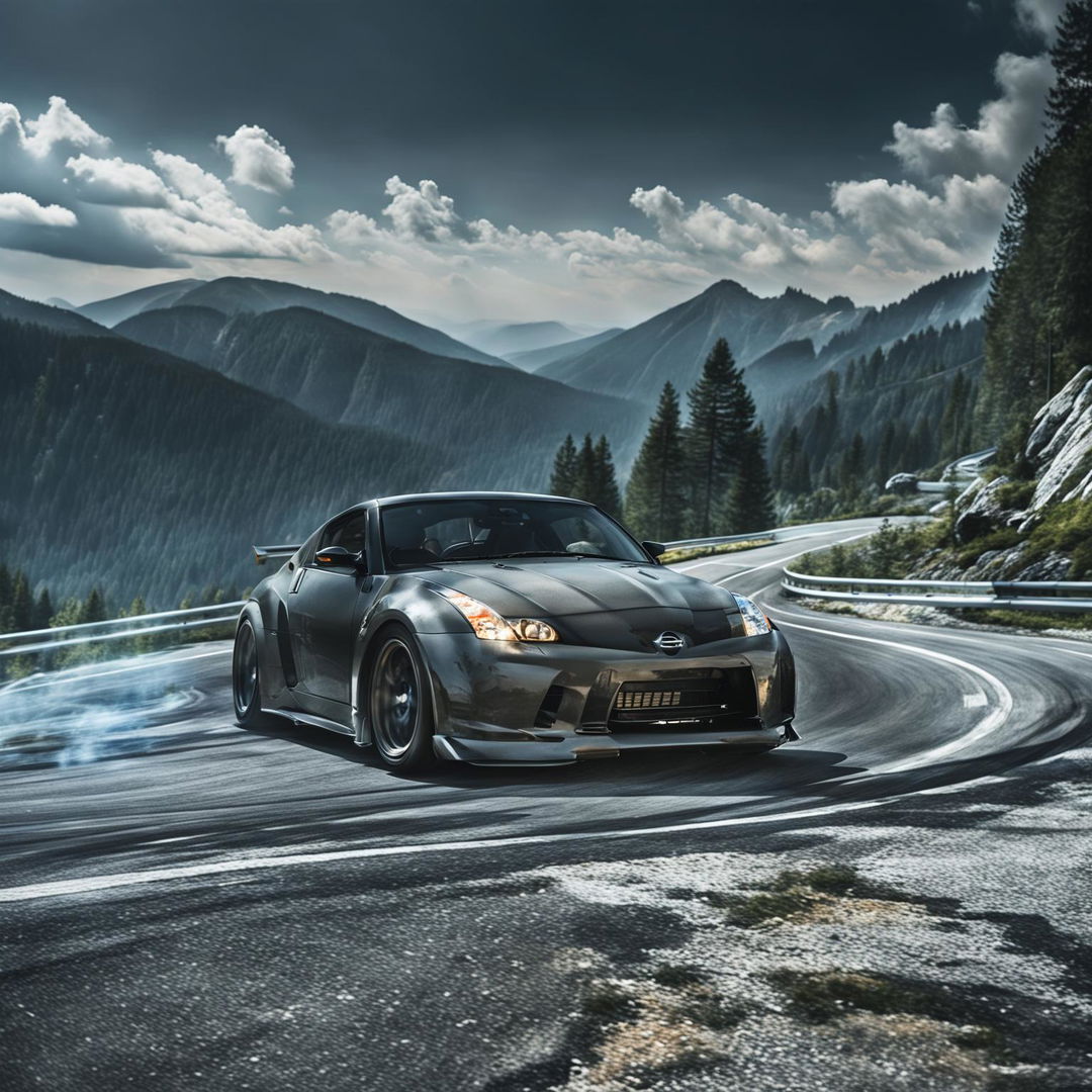 A digital art of a Nissan 350Z widebody drifting on a winding mountain road, surrounded by dense forests and under a blue sky. The car is mid-drift, rear wheels sliding outwards, front wheels angled towards the curve, and twin exhausts spitting blue flames.