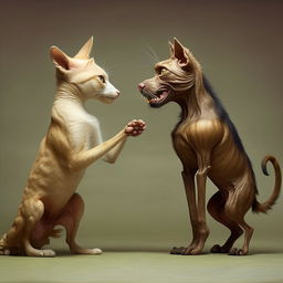 A unique creature with the upper body of a cat and the lower body of a dog, appearing to argue with itself in a humorous scenario