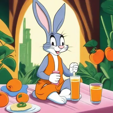In the classic Looney Tunes cartoon, Bugs Bunny can be seen casually lounging in a peignoir as he sips carrot juice.