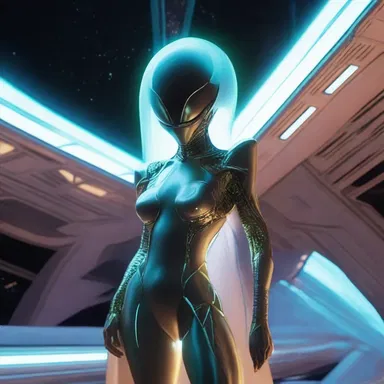The alien queen emerged from her spacecraft wearing a futuristic peignoir that seemed to glow in the dark.