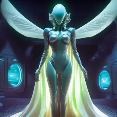 The alien queen emerged from her spacecraft wearing a futuristic peignoir that seemed to glow in the dark.