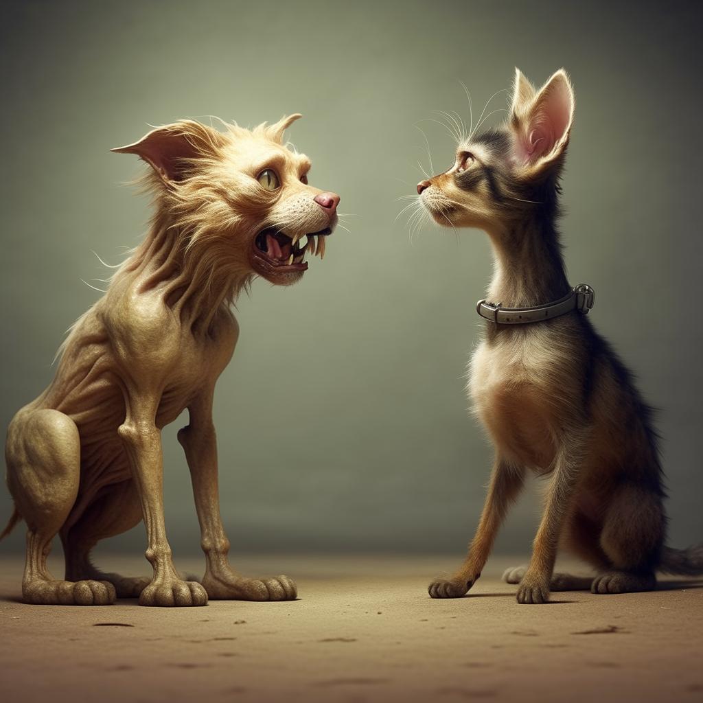 A unique creature with the upper body of a cat and the lower body of a dog, appearing to argue with itself in a humorous scenario