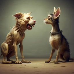 A unique creature with the upper body of a cat and the lower body of a dog, appearing to argue with itself in a humorous scenario