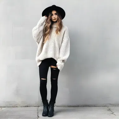 The occurrent fashion trend this season is wearing oversized sweaters with leggings and combat boots.