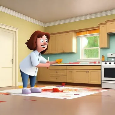 In the latest episode of the animated series, an occurrent humorous mishap takes place when the main character accidentally spills paint all over the house.