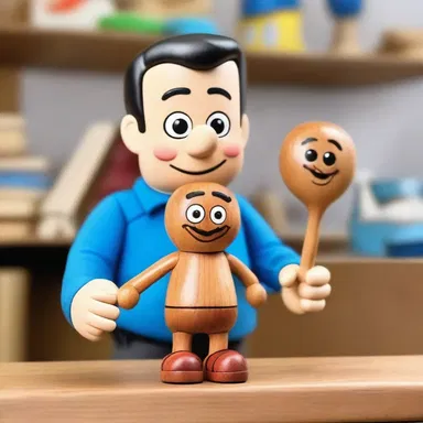 The character in the cartoon proudly showed off his hand-crafted wooden toy.