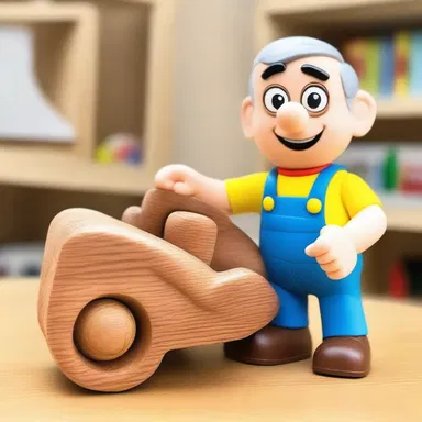 The character in the cartoon proudly showed off his hand-crafted wooden toy.