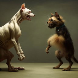 A unique creature with the upper body of a cat and the lower body of a dog, appearing to argue with itself in a humorous scenario