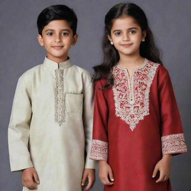 Generate an image of a boy and a girl wearing traditional shalwar kameez. The boy appears to be from the year 1992 and the girl from the year 2002.