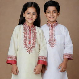 Generate an image of a boy and a girl wearing traditional shalwar kameez. The boy appears to be from the year 1992 and the girl from the year 2002.