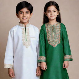 Generate an image of a boy and a girl wearing traditional shalwar kameez. The boy appears to be from the year 1992 and the girl from the year 2002.