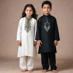 Generate an image of a boy and a girl wearing traditional shalwar kameez. The boy appears to be from the year 1992 and the girl from the year 2002.