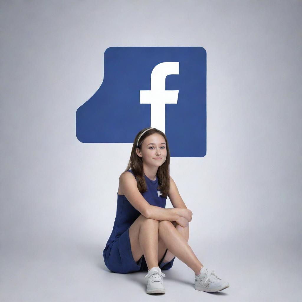 A young girl sitting casually beside a large 3D Facebook logo