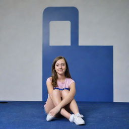 A young girl sitting casually beside a large 3D Facebook logo