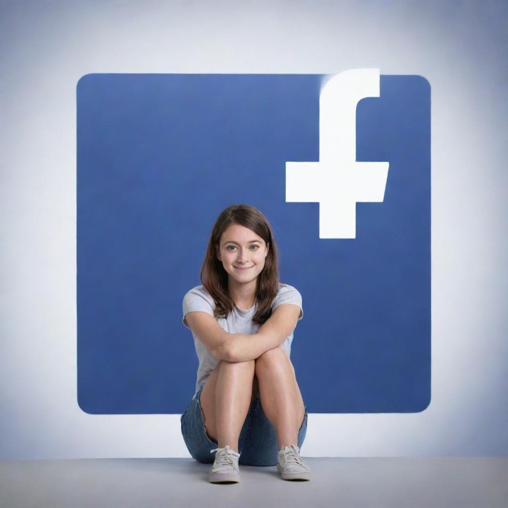 A young girl sitting casually beside a large 3D Facebook logo