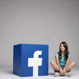 A young girl sitting casually beside a large 3D Facebook logo