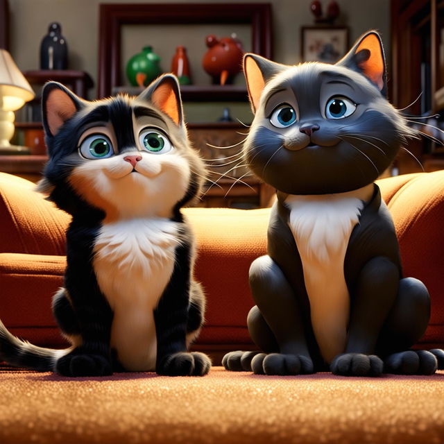 A Disney Pixar style animation featuring a small tabby cat and a large tuxedo cat playing in a cozy living room setting.