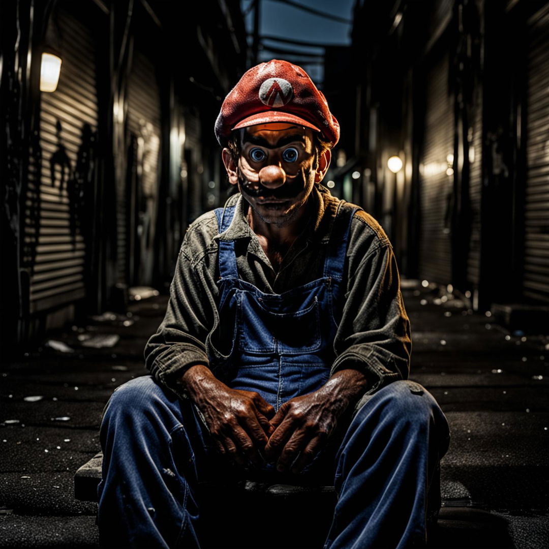 A cinematic photograph of a homeless Super Mario on LA's gritty streets, looking like an addict with his faded attire, unkempt mustache, and dull eyes. The harsh street lighting and low-angle shot emphasize his vulnerability and isolation.