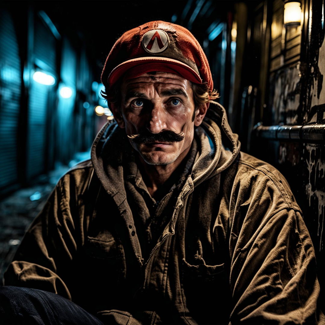 A cinematic photograph of Super Mario portrayed as a homeless man on LA's gritty streets. His faded attire, unkempt mustache, and dull eyes hint at addiction. The harsh street lighting and low-angle shot emphasize his vulnerability.