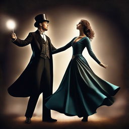 A high quality digital art image illustrating a magician in a dramatic pose, levitating a woman