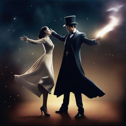 A high quality digital art image illustrating a magician in a dramatic pose, levitating a woman