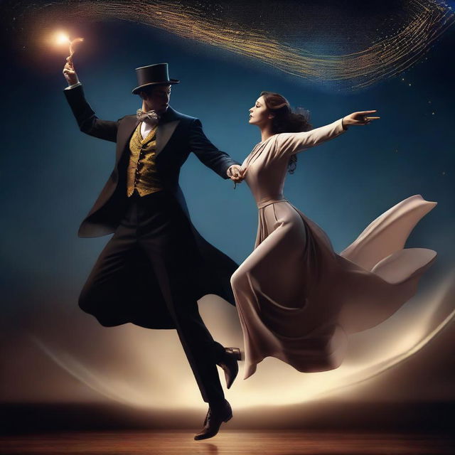 A high quality digital art image illustrating a magician in a dramatic pose, levitating a woman