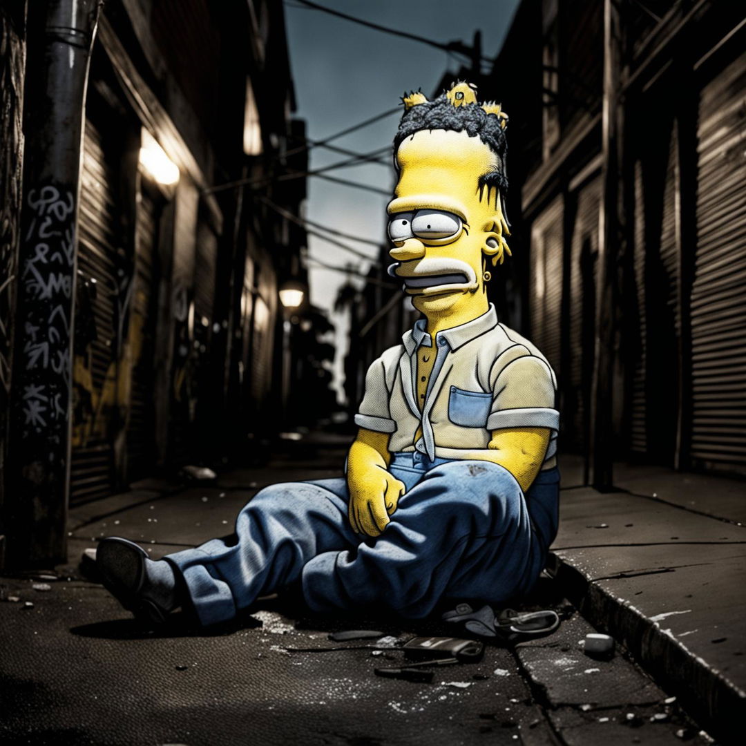 A cinematic photograph of Homer Simpson as a homeless man on LA's gritty streets. His faded clothes, disheveled hair, and vacant eyes hint at addiction. The harsh street lighting and low-angle shot emphasize his vulnerability.