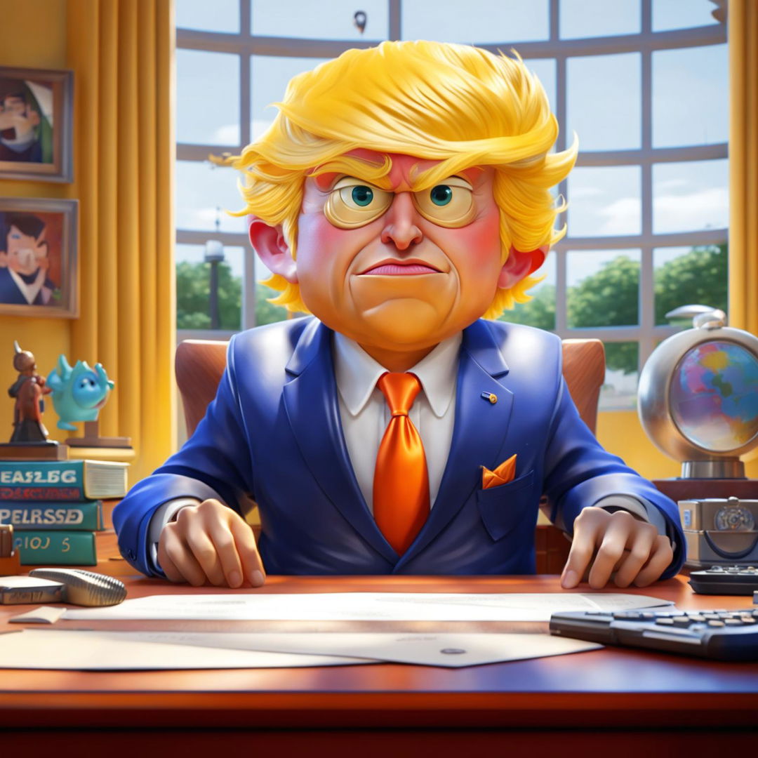 A Disney Pixar-style 3D render of Donald Trump in the Oval Office, featuring exaggerated features, vibrant colors, and a playful atmosphere.