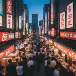 A bustling Tokyo street at twilight with vibrant neon lights, sushi vendors, and crowd of people