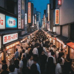 A bustling Tokyo street at twilight with vibrant neon lights, sushi vendors, and crowd of people