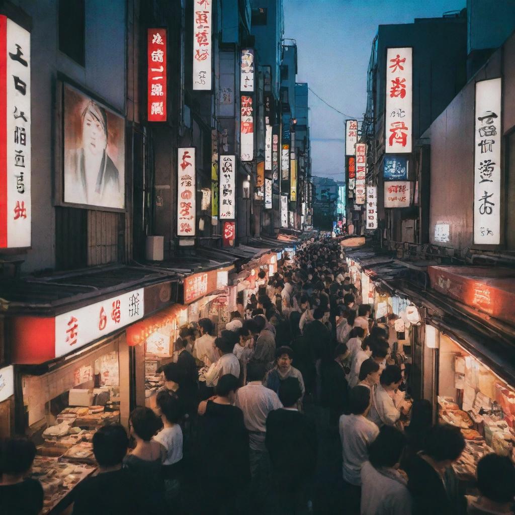 A bustling Tokyo street at twilight with vibrant neon lights, sushi vendors, and crowd of people