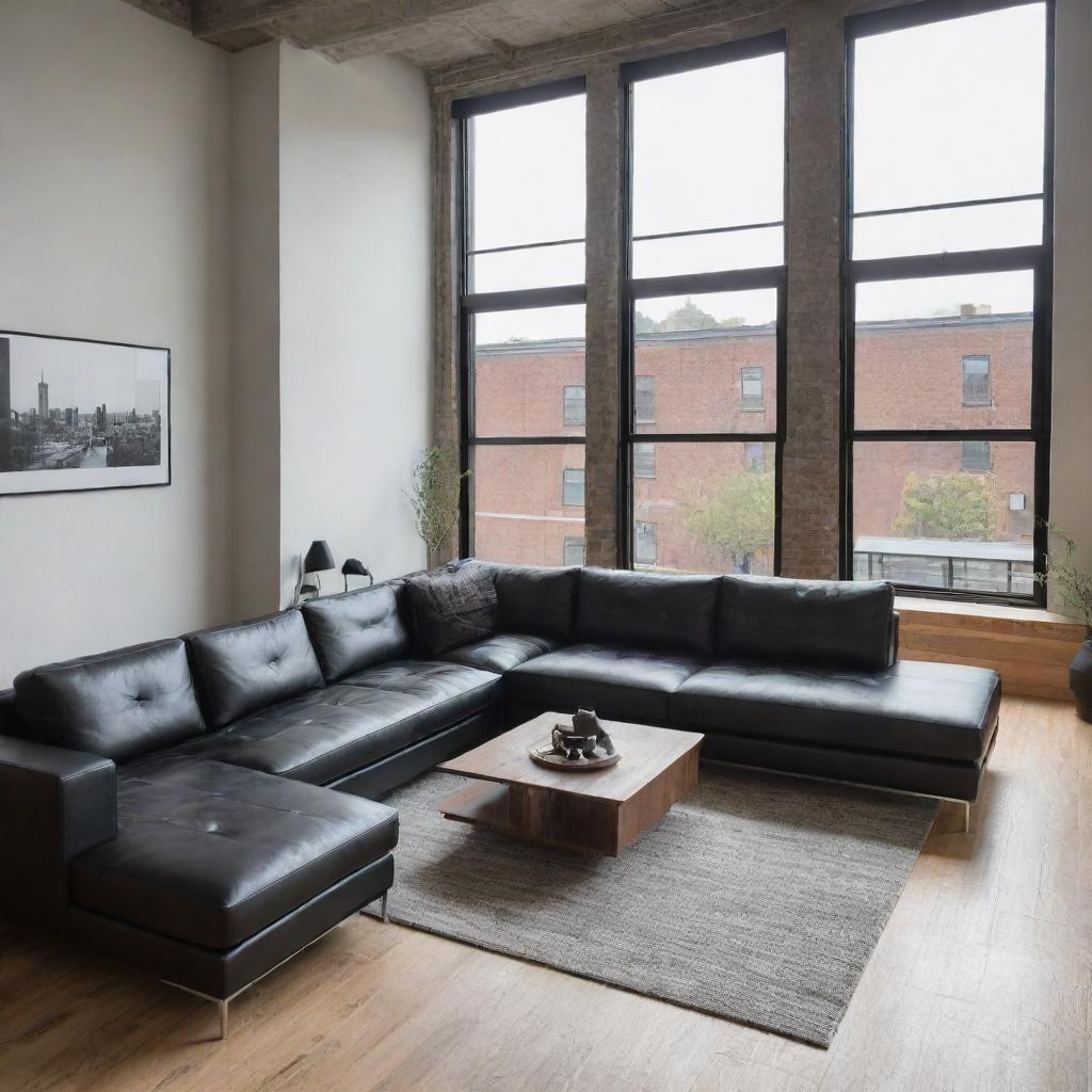 Modern loft apartment with minimalist interior design, featuring large windows, hardwood floors, and modern furniture such as a black leather couch.