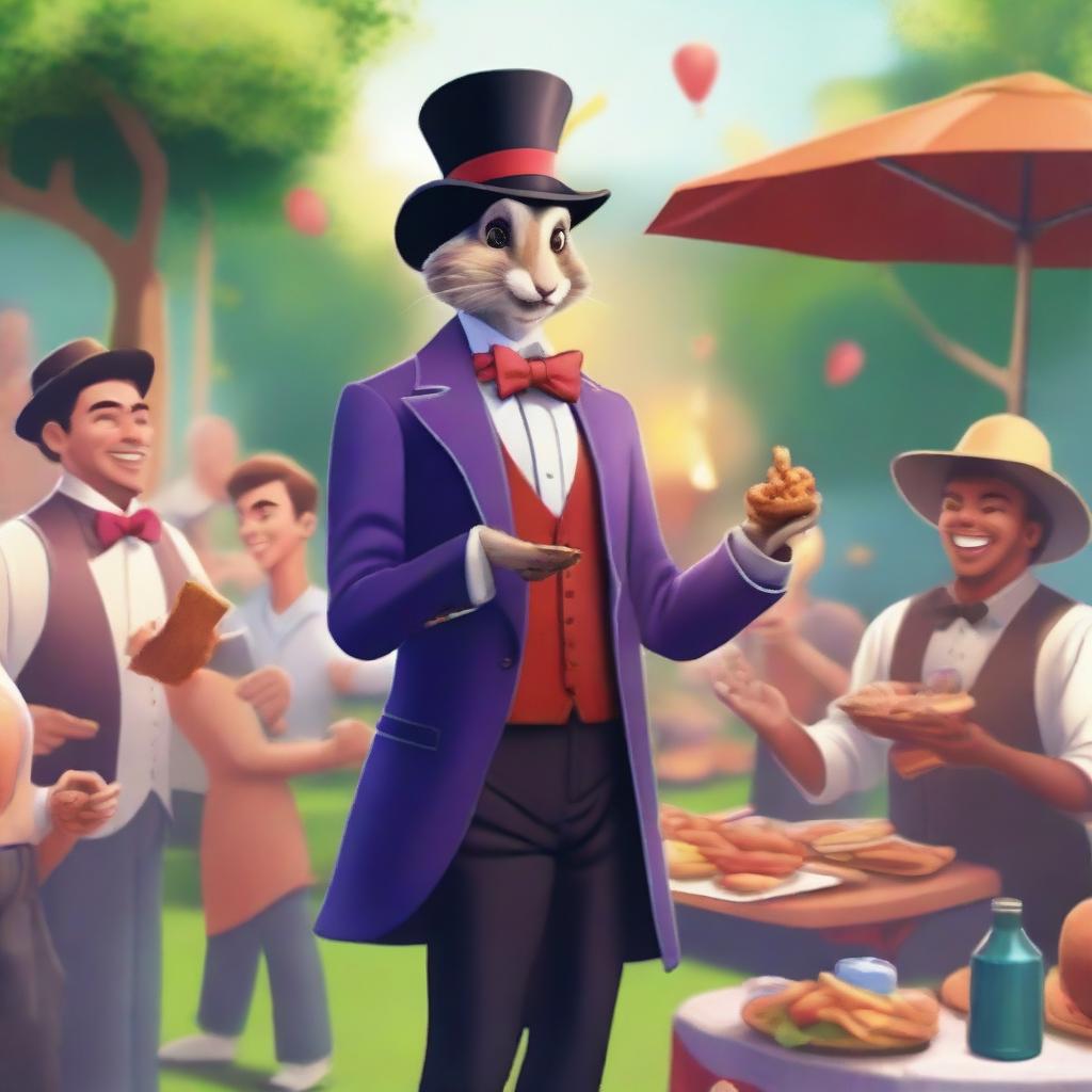 A vibrant digital art image showcasing a charismatic magician performing tricks at a friendly barbecue gathering