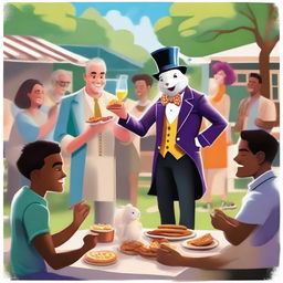 A vibrant digital art image showcasing a charismatic magician performing tricks at a friendly barbecue gathering