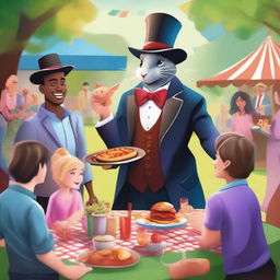 A vibrant digital art image showcasing a charismatic magician performing tricks at a friendly barbecue gathering